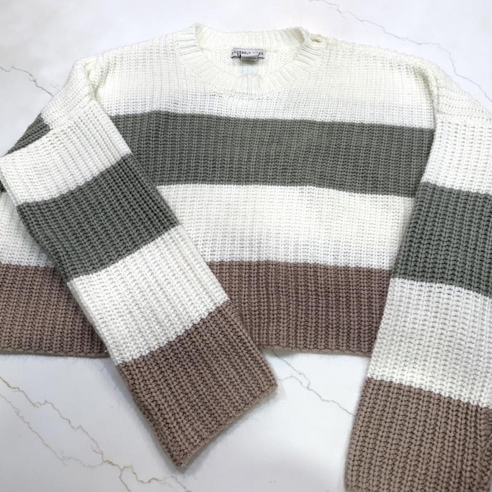 Sincerly Jules Waffle-Knit Striped Crewneck - White, Olive, Taupe